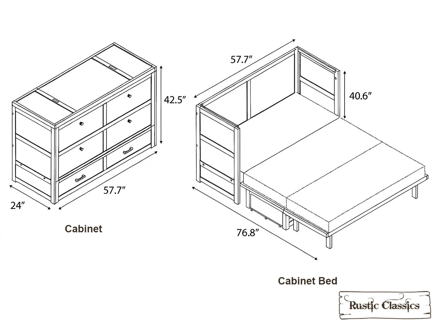 Stow Full Size Murphy Bed Cabinet with Gel Memory Foam Mattress - Available in 4 Colours