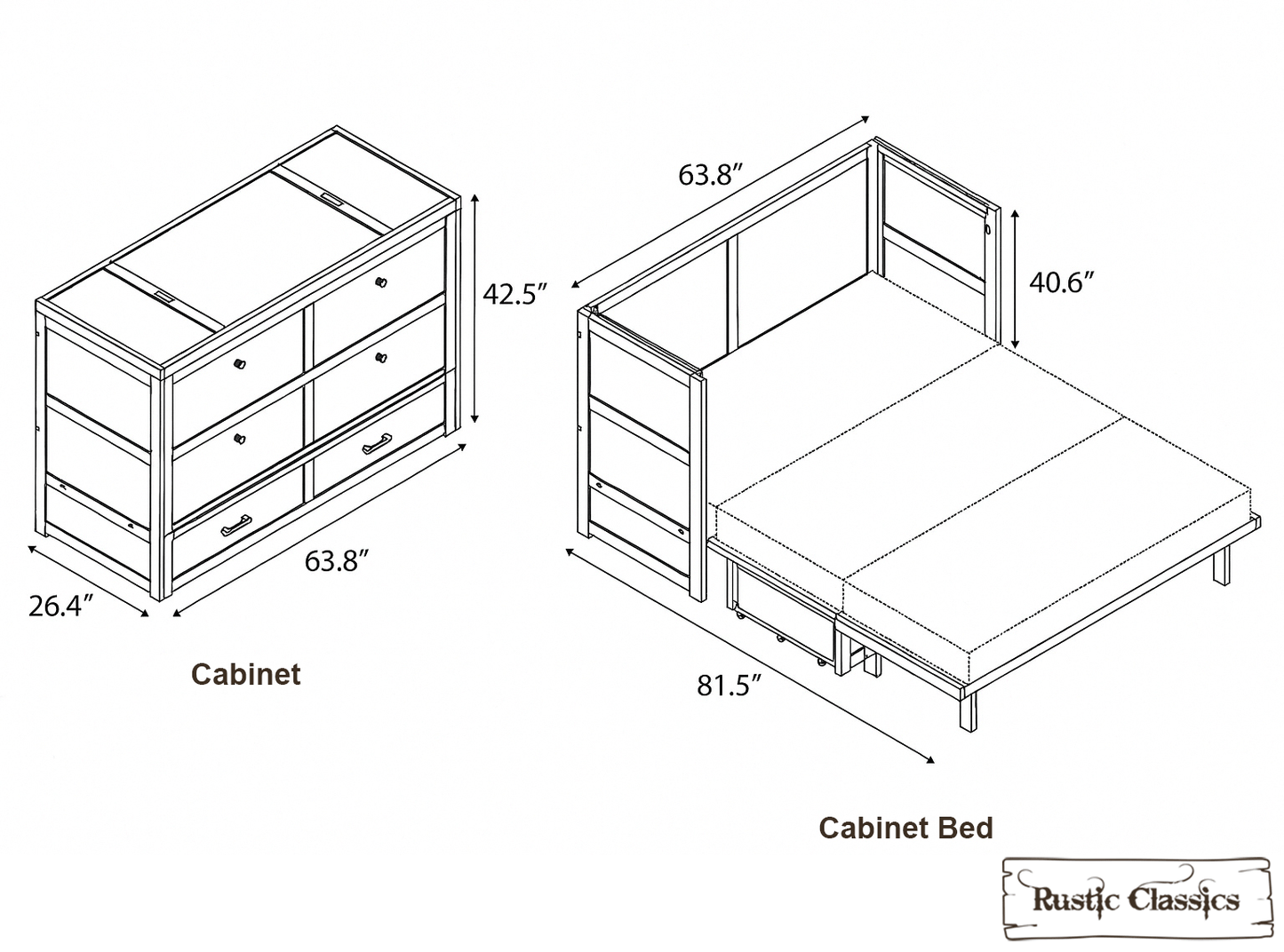 Rustic Classics Murphy Bed Stow Queen Size Murphy Bed Cabinet with Gel Memory Foam Mattress - Available in 4 Colours