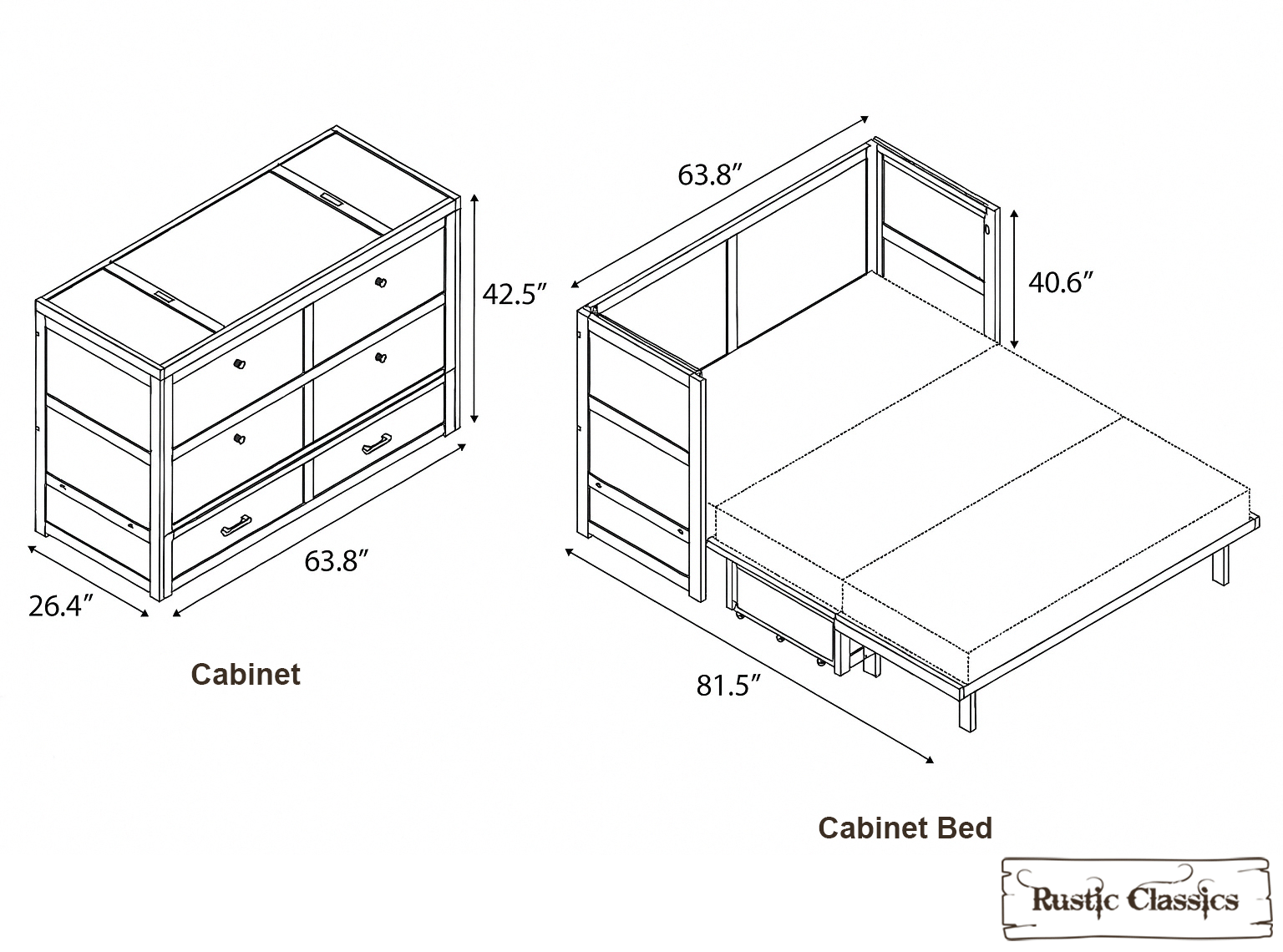 Rustic Classics Murphy Bed Stow Queen Size Murphy Bed Cabinet with Gel Memory Foam Mattress - Available in 4 Colours