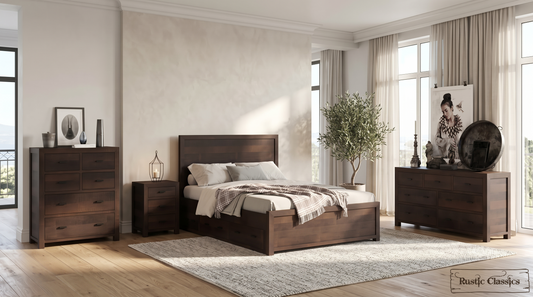 Whistler 4 Piece Reclaimed Wood Storage Platform Bedroom Furniture Set in Brown – Available in 2 Sizes