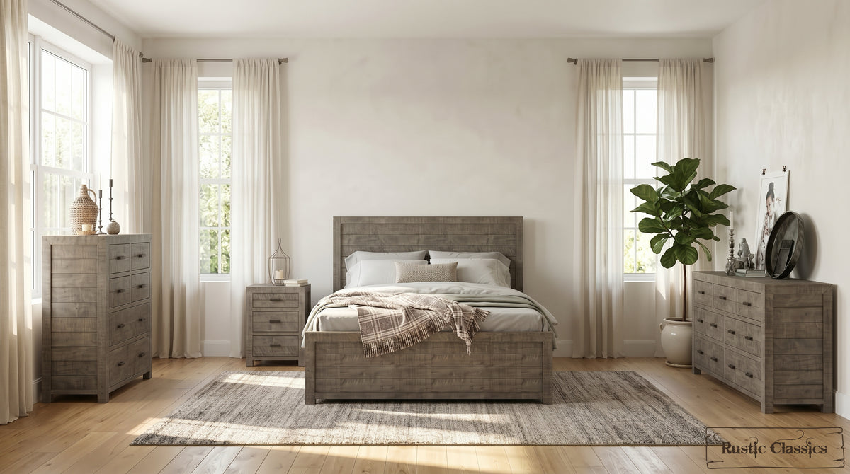 Ensemble de meubles de chambre à coucher avec plate-forme de rangement en bois récupéré Whistler en gris - Disponible en 2 tailles