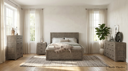 Whistler 4 Piece Reclaimed Wood Storage Platform Bedroom Furniture Set in Grey – Available in 2 Sizes