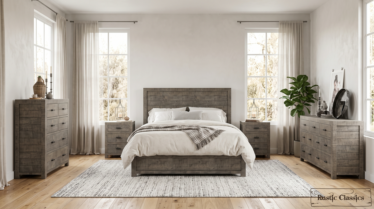Whistler Ensemble de meubles de chambre à coucher avec plate-forme de rangement en bois récupéré de 5 pièces en gris - Disponible en 2 tailles