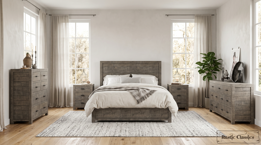 Whistler 5 Piece Reclaimed Wood Storage Platform Bedroom Furniture Set in Grey – Available in 2 Sizes