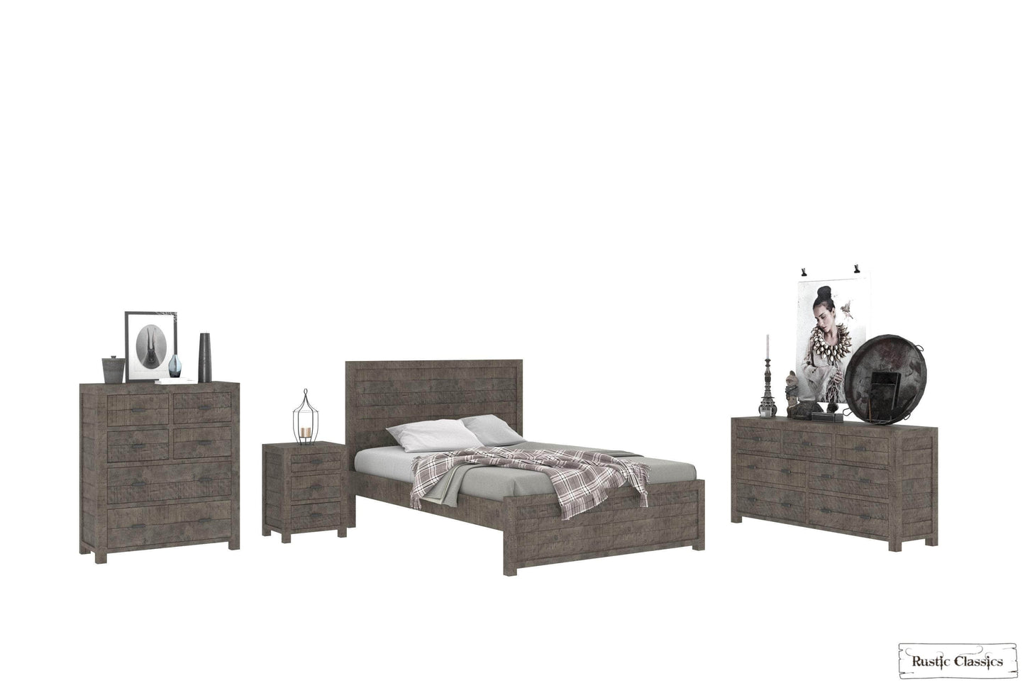 Pending - Rustic Classics Bedroom Set Whistler 4 Piece Reclaimed Wood Platform Bedroom Furniture Set in Grey - Available in 2 Sizes