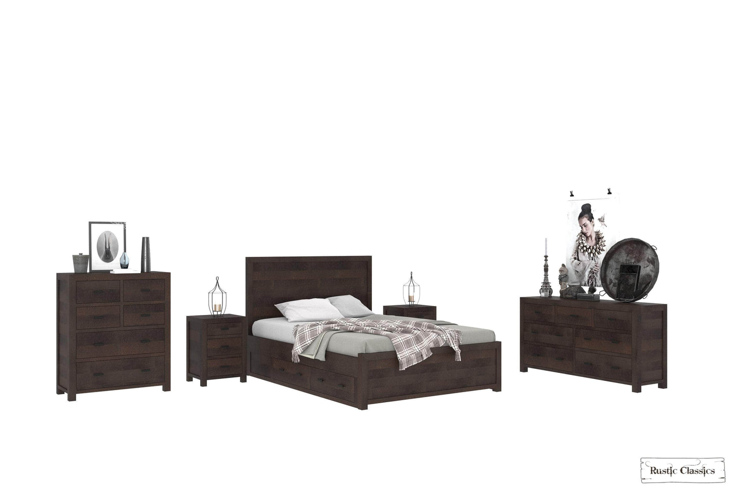 Pending - Rustic Classics Bedroom Set Whistler 5 Piece Reclaimed Wood Storage Platform Bedroom Furniture Set in Brown – Available in 2 Sizes