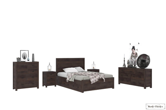 Pending - Rustic Classics Bedroom Set Whistler 5 Piece Reclaimed Wood Storage Platform Bedroom Furniture Set in Brown – Available in 2 Sizes