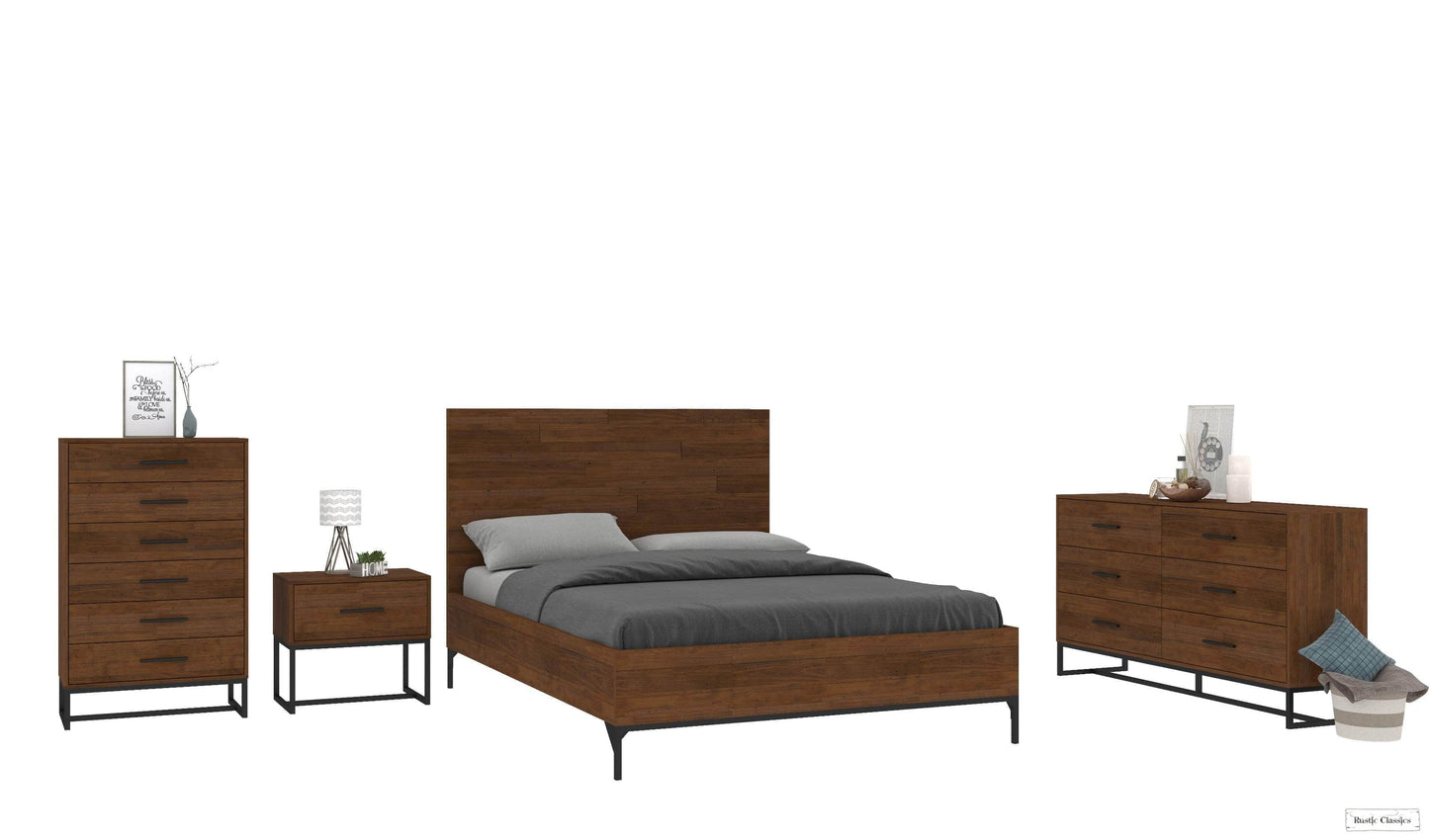 Rustic Classics Bedroom Set Queen Bed, Nightstand, Dresser and Chest Blackcomb 4 Piece Reclaimed Wood and Metal Platform Bedroom Furniture Set in Coffee Bean - Available in 2 Sizes