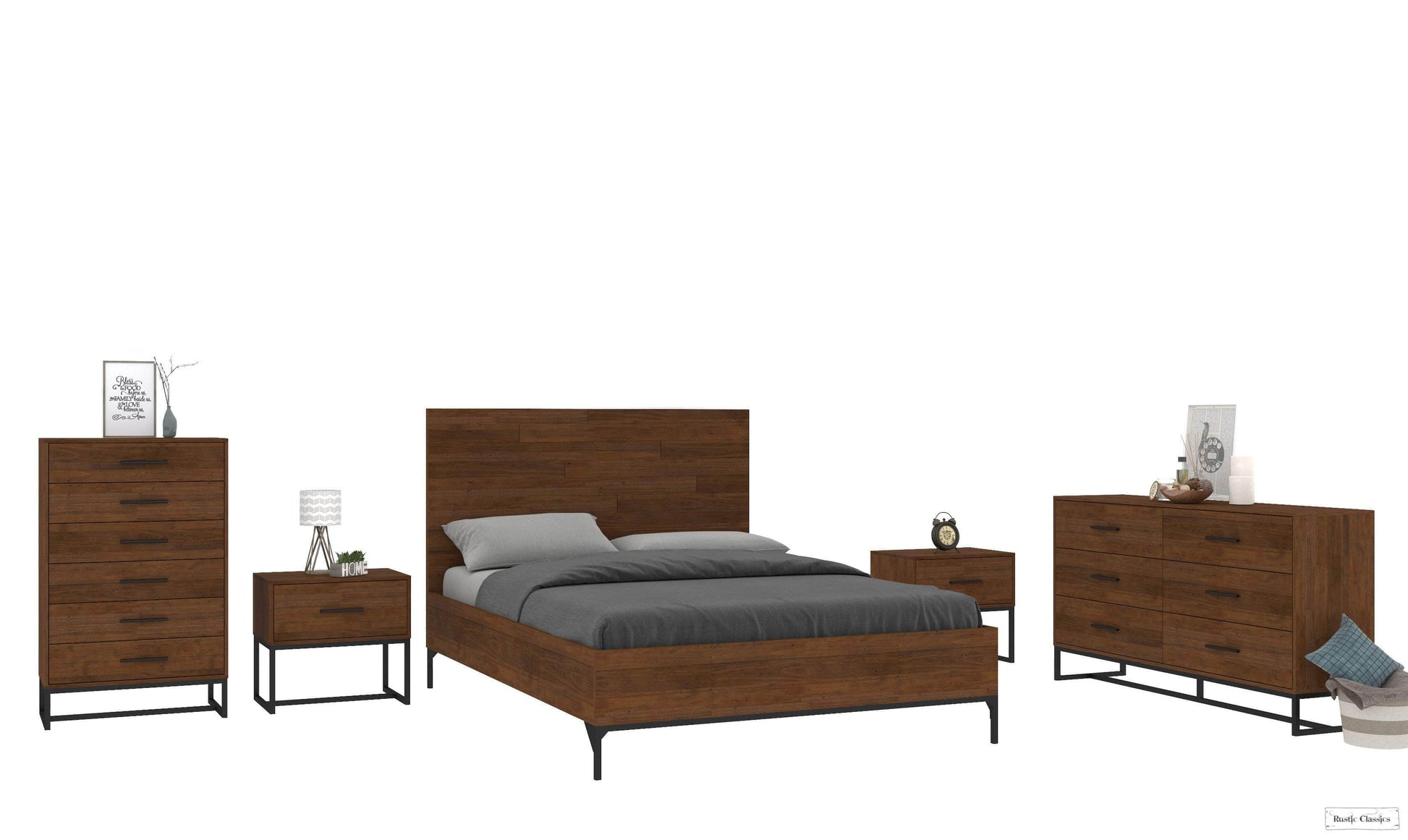 Rustic Classics Bedroom Set Queen Blackcomb 5 Piece Reclaimed Wood and Metal Platform Bedroom Furniture Set in Coffee Bean – Available in 2 Sizes