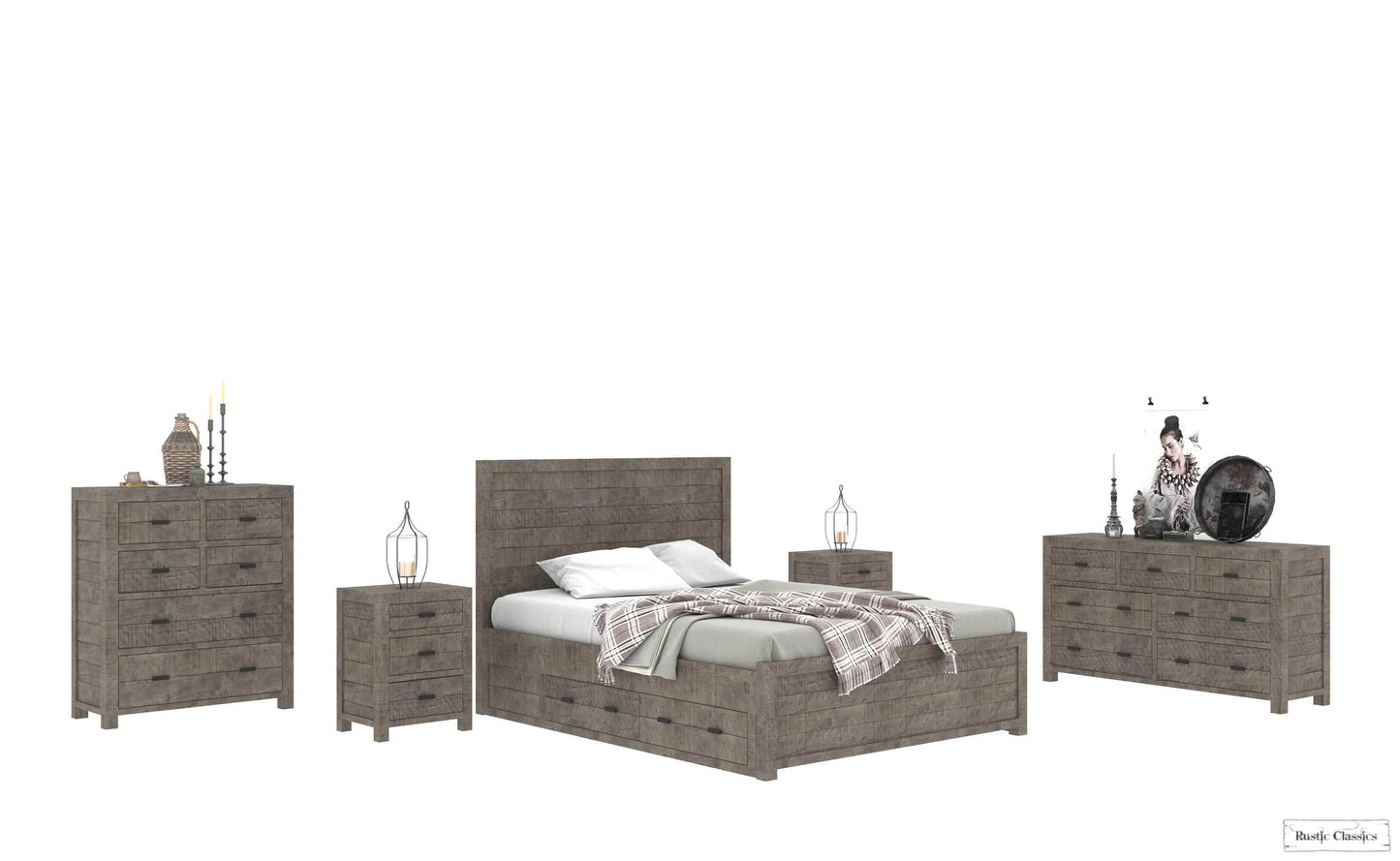 Rustic Classics Bedroom Set Queen Whistler 5 Piece Reclaimed Wood Storage Platform Bedroom Furniture Set in Grey – Available in 2 Sizes