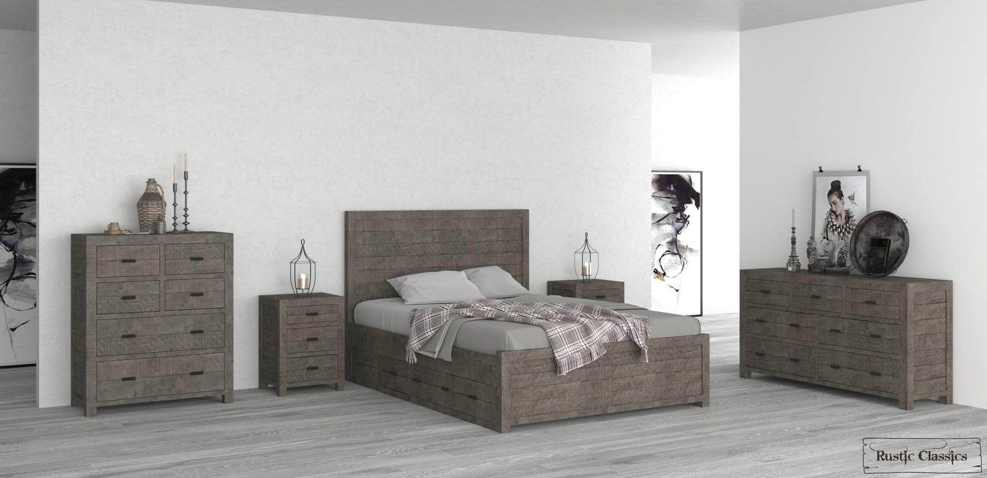 Rustic Classics Bedroom Set Whistler 5 Piece Reclaimed Wood Storage Platform Bedroom Furniture Set in Grey – Available in 2 Sizes