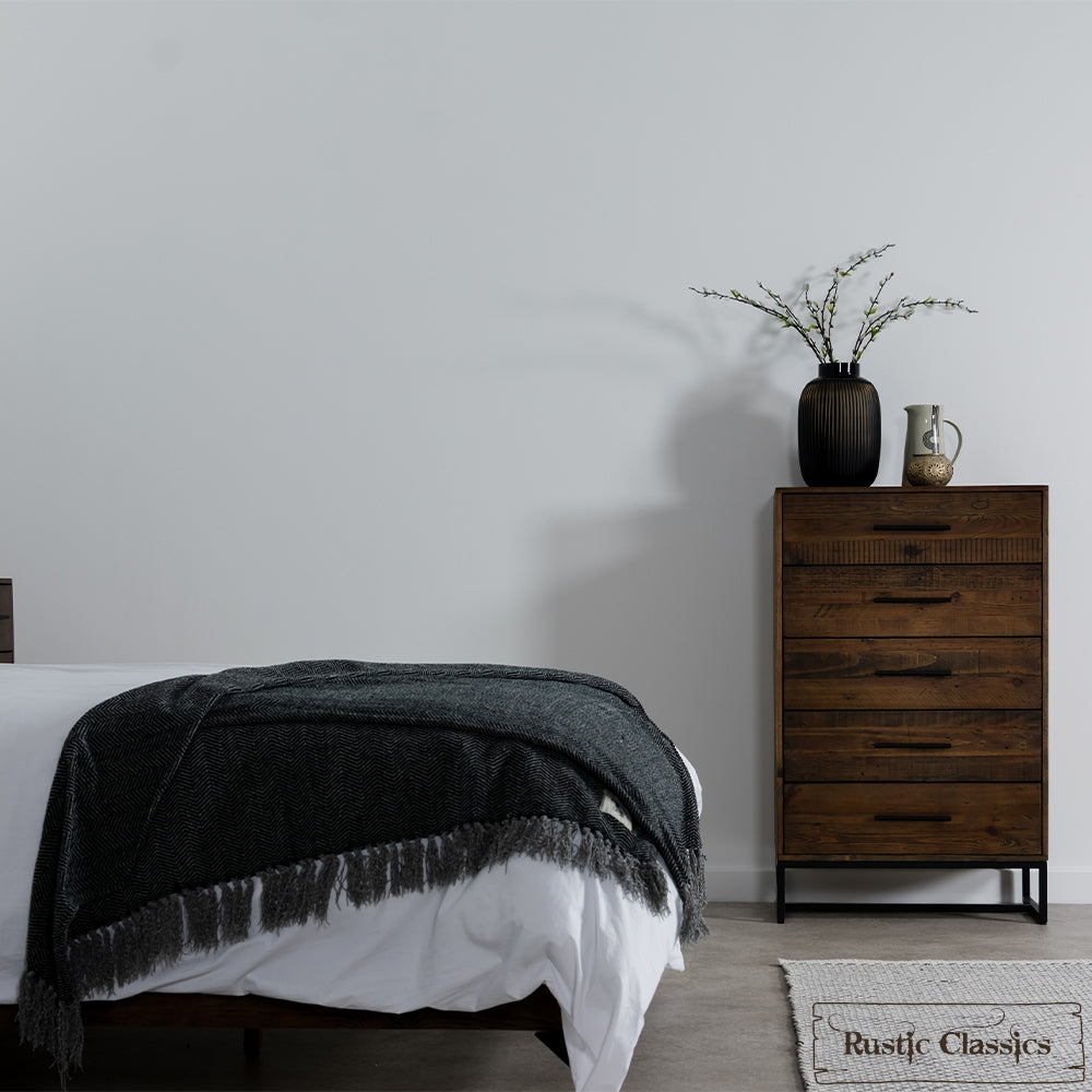 Blackcomb 5 Piece Reclaimed Wood and Metal Platform Bedroom Furniture Set in Coffee Bean – Available in 2 Sizes